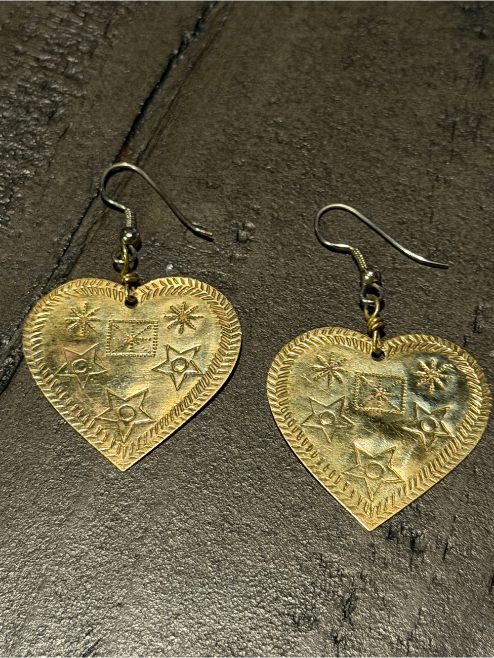 Gold Heart Drop Earrings with Star Motif